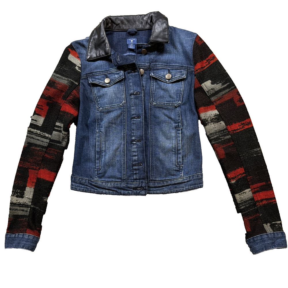 VTG Guess 1981 Denim Jacket Womens Sz S/P Brittney Leather Collar Aztec Sleeve